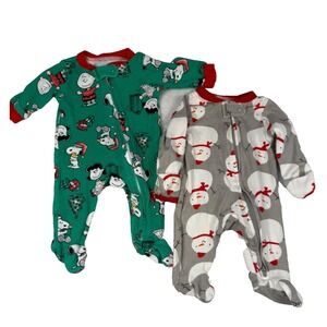 Lot 2 NB Baby Christmas Sleepers Peanuts Snoopy & Carters Snowman Zip Front Foot